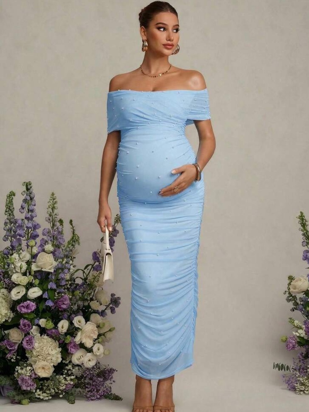 SHEIN Light Blue Off-Shoulder Ruched Maternity Maxi Dress